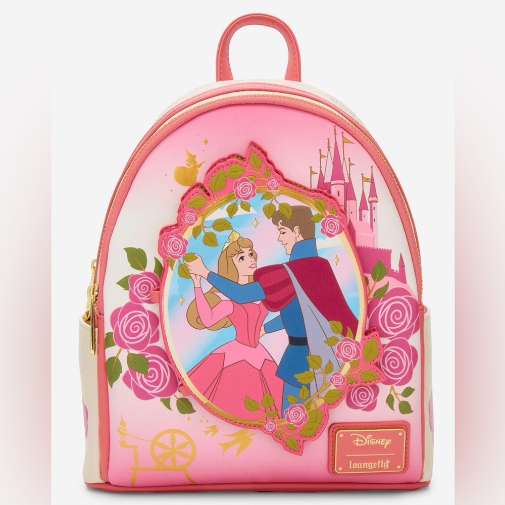 New Loungefly Disney Sleeping Beauty Aurora Floral Magnetic Door Backpack NWT